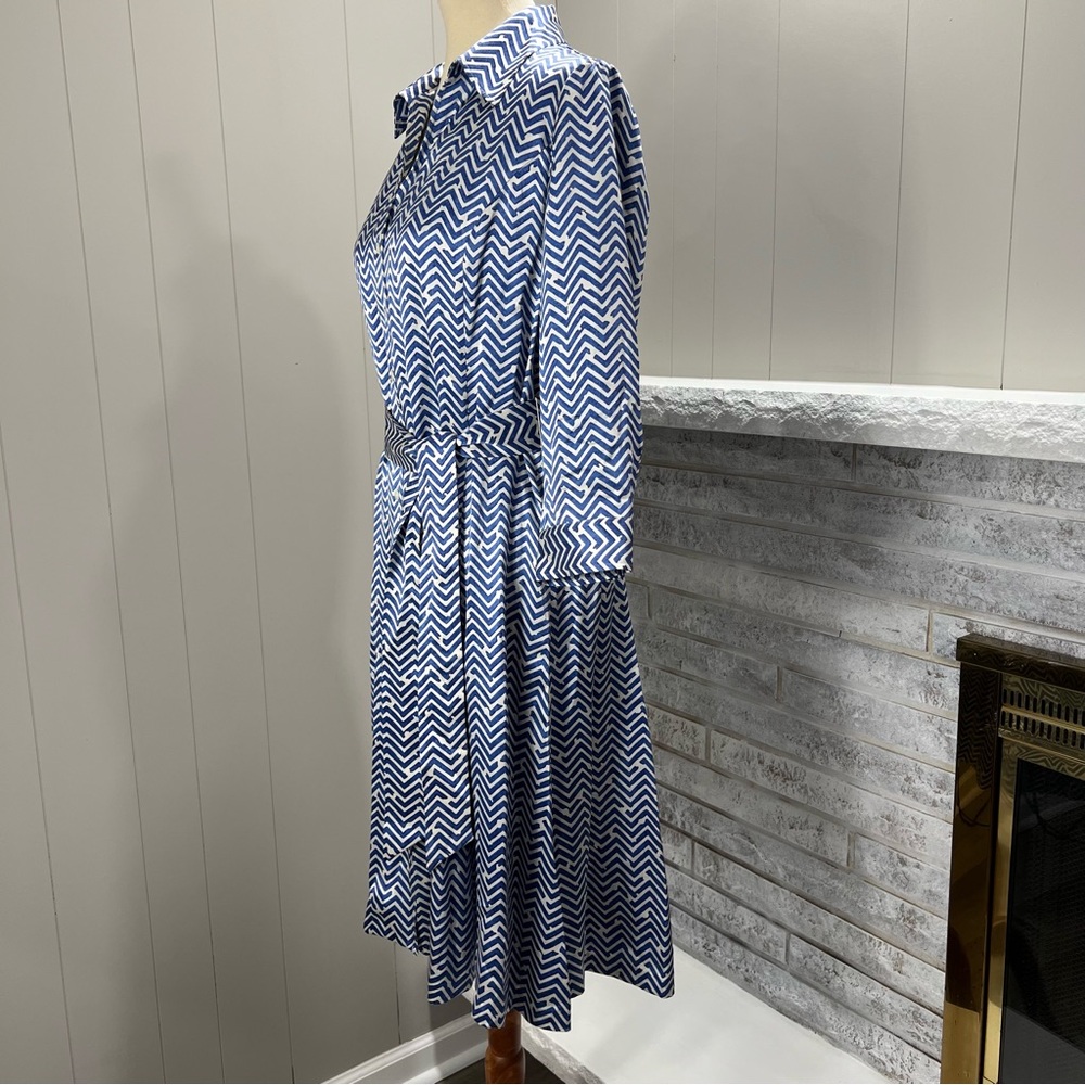 Brooks Brothers Silk Charmeuse Herringbone Print Blue Belted Shirt Dress 12 - Picture 3 of 6